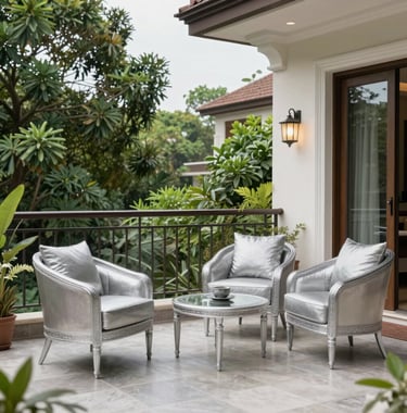 An elegant residential balcony overlooking a lush green part of Bangalore. The setting is a South Asian / Indian luxury home, featuring Soft Silver outdoor furniture and premium tiling, emphasizing a sophisticated lifestyle.