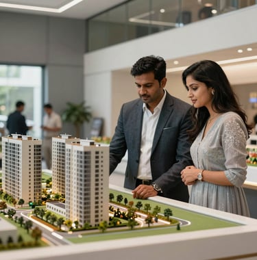 A lifestyle photograph of a professional South Asian / Indian couple viewing a scale model of a new residential development in a silver-grey and white sales gallery.