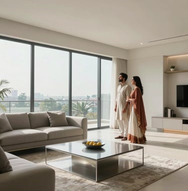 A high-end, bright, and airy interior of a luxury model apartment in Bangalore. The living space features soft off-white walls, minimalist silver-grey furniture, and floor-to-ceiling windows. A couple in South Asian / Indian modern attire is admiring the view, symbolizing aspiration and premium living.