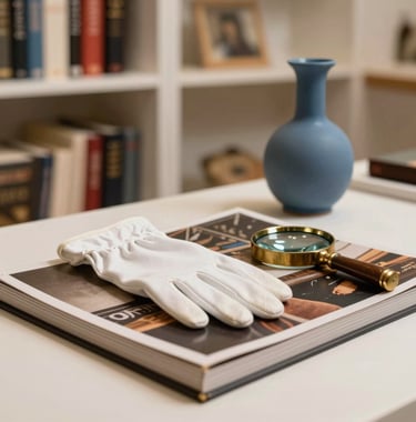 A close-up photograph of an art curator's desk in a North American / International gallery. The scene shows a pair of white cotton gloves resting on a thick art catalog, an antique brass magnifying glass, and a small slate blue vase. Sophisticated, soft-focus background with shelves of art history books, warm side-lighting.
