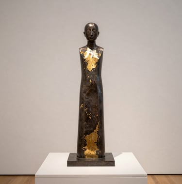 A minimalist sculpture made of dark metal and gold leaf, positioned on a pedestal against a clean off-white background in a modern North American museum.