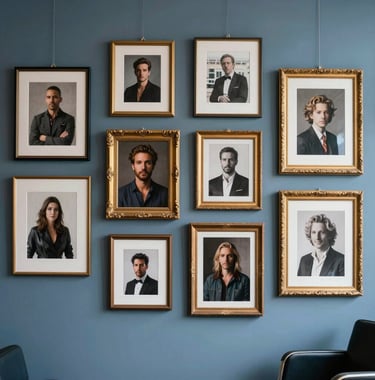 A wide shot of a curated salon-style hanging of various artworks on a muted blue wall, showcasing a mix of modern photography and classic portraiture in elegant gold frames.