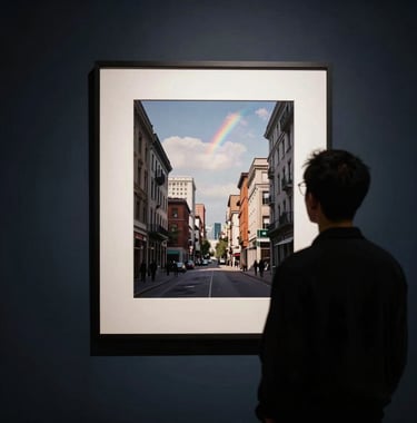 Lifestyle photography of a sophisticated collector in a North American / International setting. The person is silhouetted against a large, brightly lit framed photograph in a dark, navy-walled room. The composition is clean and modern, emphasizing the emotional connection between the viewer and the art.