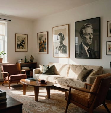 An interior shot of a sun-drenched private collector's lounge with curated artworks on the walls and mid-century modern furniture, international setting.