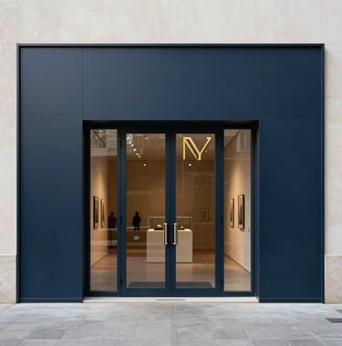 A clean architectural shot of a minimalist gallery entrance with glass doors and a dark navy blue wall featuring a subtle gold logo. Elegant and inviting, North American style.