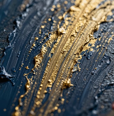 Macro photography of a textured oil painting. Deep navy and gold impasto brushstrokes are visible in high detail, catching the light to reveal the artist's technique. A sophisticated, museum-quality aesthetic, captured with a shallow depth of field in a North American / International gallery setting.