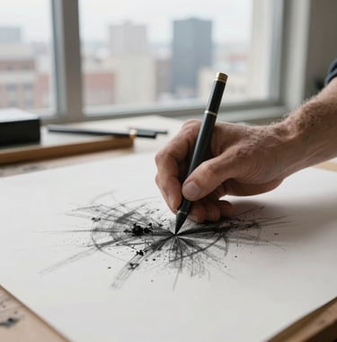 Detailed shot of an artist's hands working with charcoal on a large paper, captured in a bright studio with North American city views in the background.