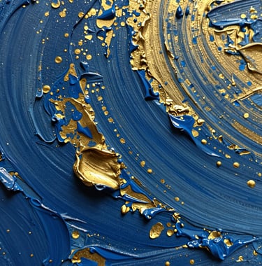 A macro photograph of oil paint texture on a canvas, showing deep blue and gold impasto strokes. Soft studio lighting highlights the rich physical detail of the medium.