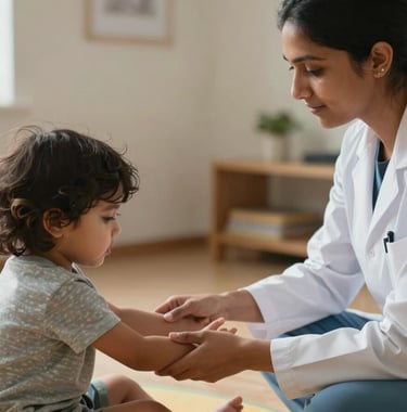 A professional South Asian therapist guiding a young child through a sensory integration exercise, soft natural lighting, reassuring atmosphere.