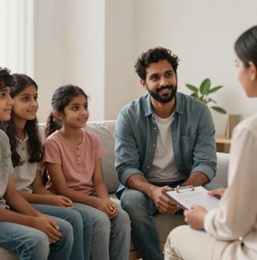 A South Asian family sitting in a bright counseling room, talking with a professional therapist, warm and supportive lighting.