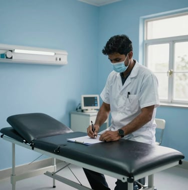 A bright, clean medical examination room in a rural South Asian clinic with blue walls and a professional atmosphere of care.