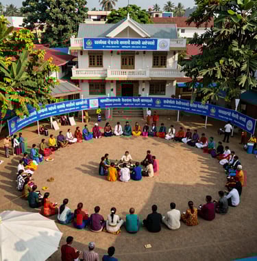 A high-angle photo of a vibrant community gathering in a South Asian rural town square, featuring clean surroundings and blue banners representing public service.