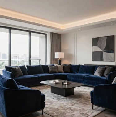 Interior design photography of a luxury penthouse living room in Brickell, with warm white walls, navy blue velvet furniture, and graphite black accents.
