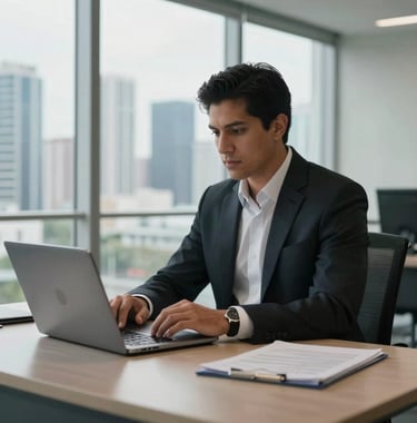 A professional business desk with a laptop and a view of the Miami skyline through a glass window, South American / Latino executive environment.