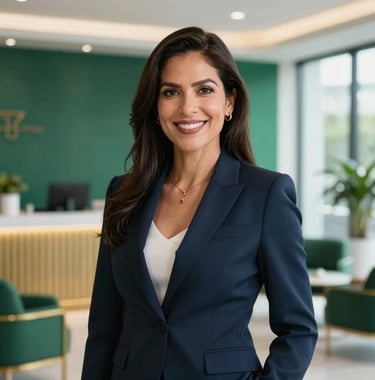 Professional portrait of a South American / Latino woman in her late 30s, dressed in a sharp navy blazer, smiling confidently in a bright, high-end Miami business lounge with emerald green and gold accents.