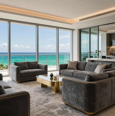Sleek photography of a luxury penthouse interior in Miami, featuring graphite grey furniture and champagne gold accents, with a view of the emerald green ocean through large windows.