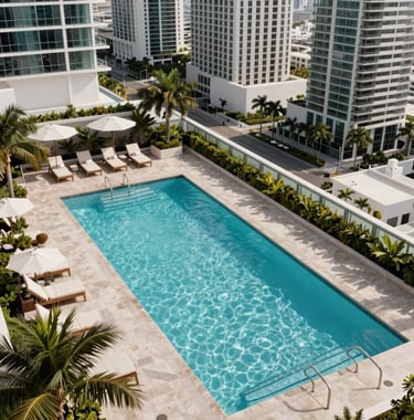 High-angle architectural photography of a rooftop pool in a luxury Miami Downtown hotel, South American / Latino high-end lifestyle.
