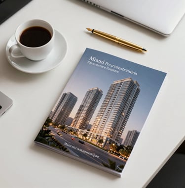 Top-down view of a stylish office desk with a coffee cup, a gold fountain pen, and a high-end brochure of a Miami pre-construction project, warm white lighting.