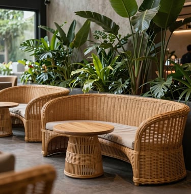 A calm relaxation lounge area with natural rattan seating and organic green indoor plants in Bandung, West Java, Indonesia.