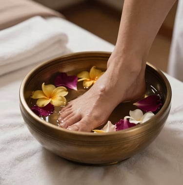 Warm aesthetic photo of a foot reflexology treatment bowl with floating flower petals in a peaceful spa setting in Bandung, West Java, Indonesia.