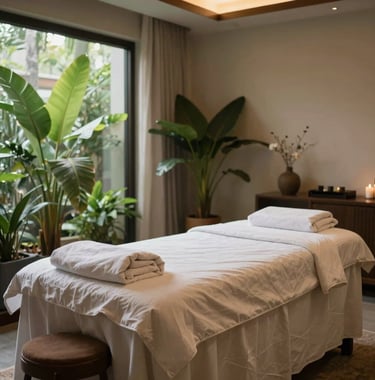 Tranquil spa interior room in Bandung, West Java / Indonesia featuring an neatly dressed massage table with soft cream linens and potted tropical plants.