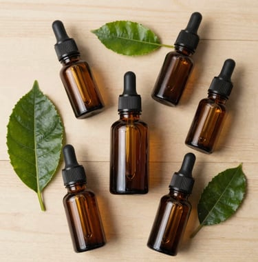 Aesthetic flatlay photography of botanical essential oils, glass dropper bottles, and green tea foliage on light wooden surface in Bandung, West Java / Indonesia.