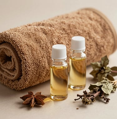 Close-up photograph of organic aromatherapy essential oils in clear bottles beside warm camel brown towels and natural herbs in Bandung, West Java, Indonesia.