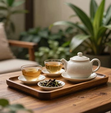 A tranquil relaxation corner featuring a herbal tea set, warm wooden tray, and lush indoor greenery in a wellness sanctuary located in Bandung, West Java / Indonesia. Soft focus, cozy atmosphere, warm tan and dark forest green visual aesthetic.