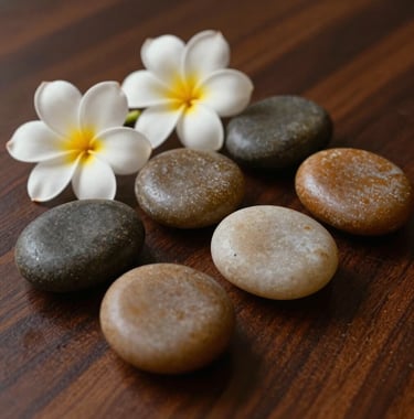 Close-up photograph of smooth warm therapy stones arranged beside fresh frangipani blossoms on a dark teak wooden table in Bandung, West Java / Indonesia.