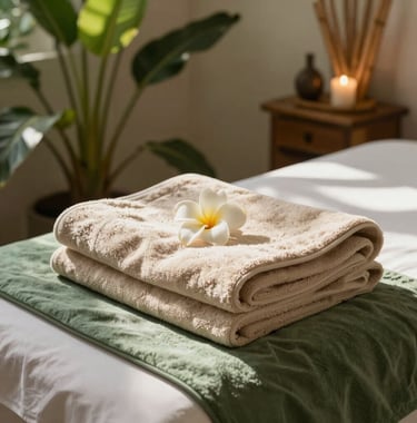 Serene interior photography of a private massage room with neatly folded beige cotton towels, fresh tropical flowers, and bamboo decor in Bandung, West Java / Indonesia. Ambient warm sunlight creating a soothing botanical atmosphere with off-white and deep sage green accents.