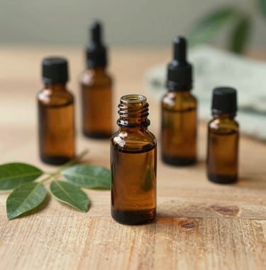 Close-up detail photography of natural essential oil bottles, aromatic massage oils, and fresh green botanical leaves on a textured wooden table inside a peaceful wellness center in Bandung, West Java / Indonesia. Soft natural lighting with earthy tan and dark sage green tones.