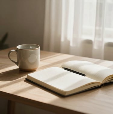 Close-up of a minimalist writing desk with a single ceramic mug and an open notebook. Soft, natural South American sunlight filtering through linen curtains, warm neutral tones.