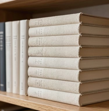 Stack of linen-bound books on a wooden shelf, very clean and organized, editorial aesthetic, soft neutral colors like cream and stone.