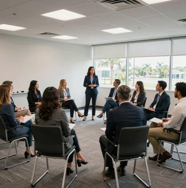 A wide shot of a modern training seminar room in Florida, with professional consultants engaging in a collaborative session. Bright, airy atmosphere, North American / US corporate style.