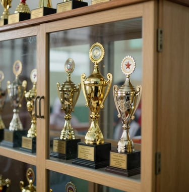 Detailed shot of school awards and trophies in a glass cabinet at an Indonesian elementary school, golden accents, professional lighting.