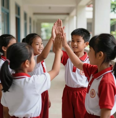 A group of Southeast Asian elementary school children in red and white uniforms high-fiving in a school hallway, representing team spirit and friendship, professional soft lighting.