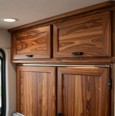 Close-up of a premium camper van interior featuring custom mahogany brown wood cabinets and warm mahogany finishes. Professional work by a European / Spanish expert visible in the precision of the joinery. Soft white ambient lighting.
