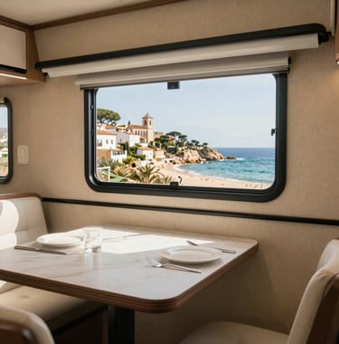 Interior shot showing the dining area of a camper with warm sand beige tones and elegant black accents. A window shows a scenic European / Spanish coastal view.