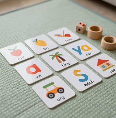 A beautifully arranged set of phonics activity cards and wooden toys on a soft light-green woven mat, shot from an high-angle, clean natural light.