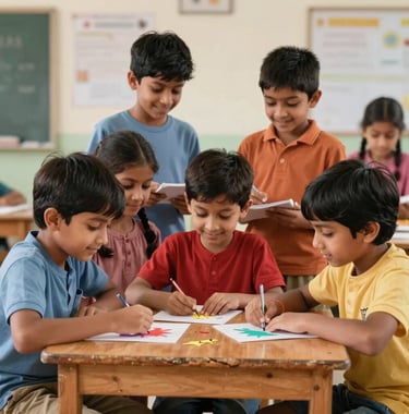 A small group of young South Asian children happily working together on a craft project around a low wooden table in a serene classroom.