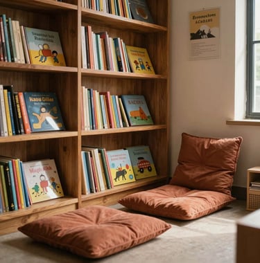 A small, cozy reading corner inside a learning studio in Mumbai, featuring low wooden bookshelves filled with picture books, soft comfortable terracotta floor cushions, and natural light.