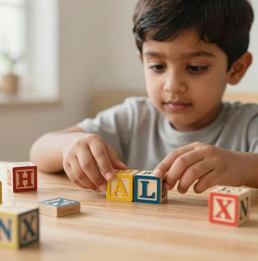 A close-up of an Indian child's hands carefully placing colorful letter blocks on a light wooden table, bright and cozy warm atmosphere, soft focus background.