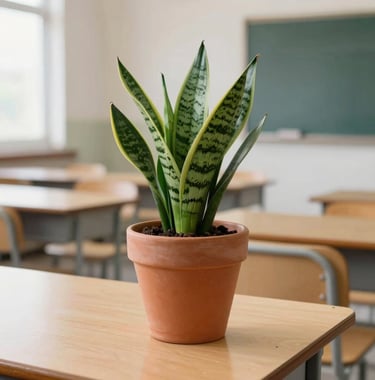 A vibrant terracotta-colored pot with a fresh green indoor snake plant, resting on a clean light-wooden desk inside a bright classroom.