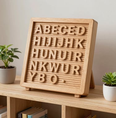 A beautiful wooden phonetic sound board displaying letters of the alphabet, sitting on a child-sized light wood shelf surrounded by tiny potted plants.