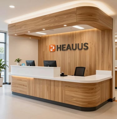 A high-quality photo of a modern community health center reception desk in the US, with clean architectural lines, warm wooden textures, and a professional, welcoming atmosphere.