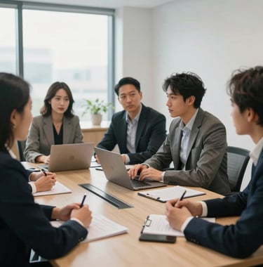 A professional photography shot of a strategy meeting in a light-filled North American office, showing diverse professionals collaborating around a table, exuding quiet strength and stability.
