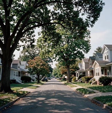 A photograph of a serene residential street in Detroit, Michigan with mature trees and well-kept homes, conveying a sense of neighborhood stability and peace.