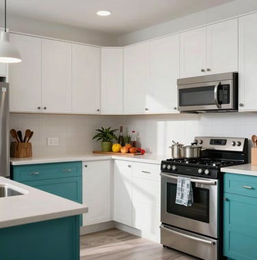 A photograph of a modern, organized residential kitchen in Detroit, Michigan. The space is clean and bright, with teal accents, symbolizing a structured and healthy substance-free lifestyle.