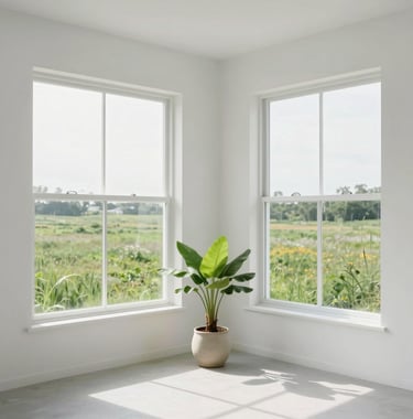 A minimalist white room with large windows overlooking a North American meadow, with a single bright green plant in a ceramic pot.