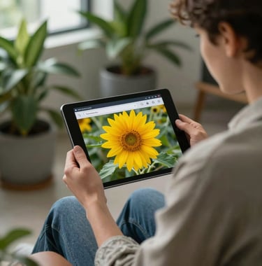 A person in North American casual attire looking at a digital tablet showing a bright flower search interface in a modern, plant-filled office.